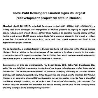 KOLTE-PATIL DEVELOPERS LIMITED SIGNS ITS LARGEST REDEVELOPMEt - Life Republic by Kolte Patil