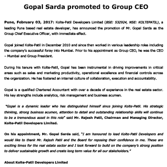 GOPAL SARDA PROMOTED TO GROUP CEO - Life Republic by Kolte Patil