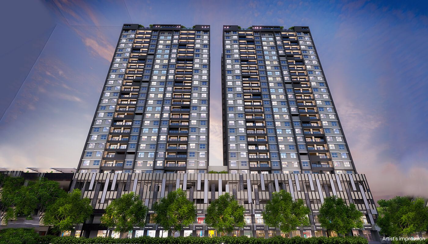 Duet overview showing residential tower with retail plaza and skyline view